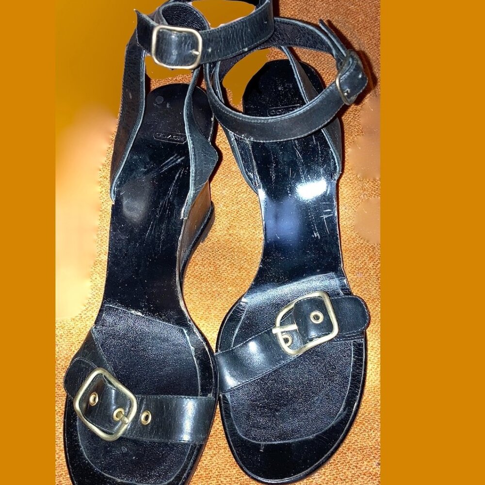 Coach Sandals Black Leather 4" Wedge 9.5 Straps Buckles Vintage